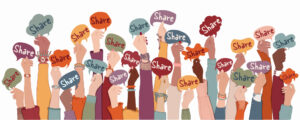 Diverse hands raised, each holding a piece of a speech bubble that collectively spells "Share"